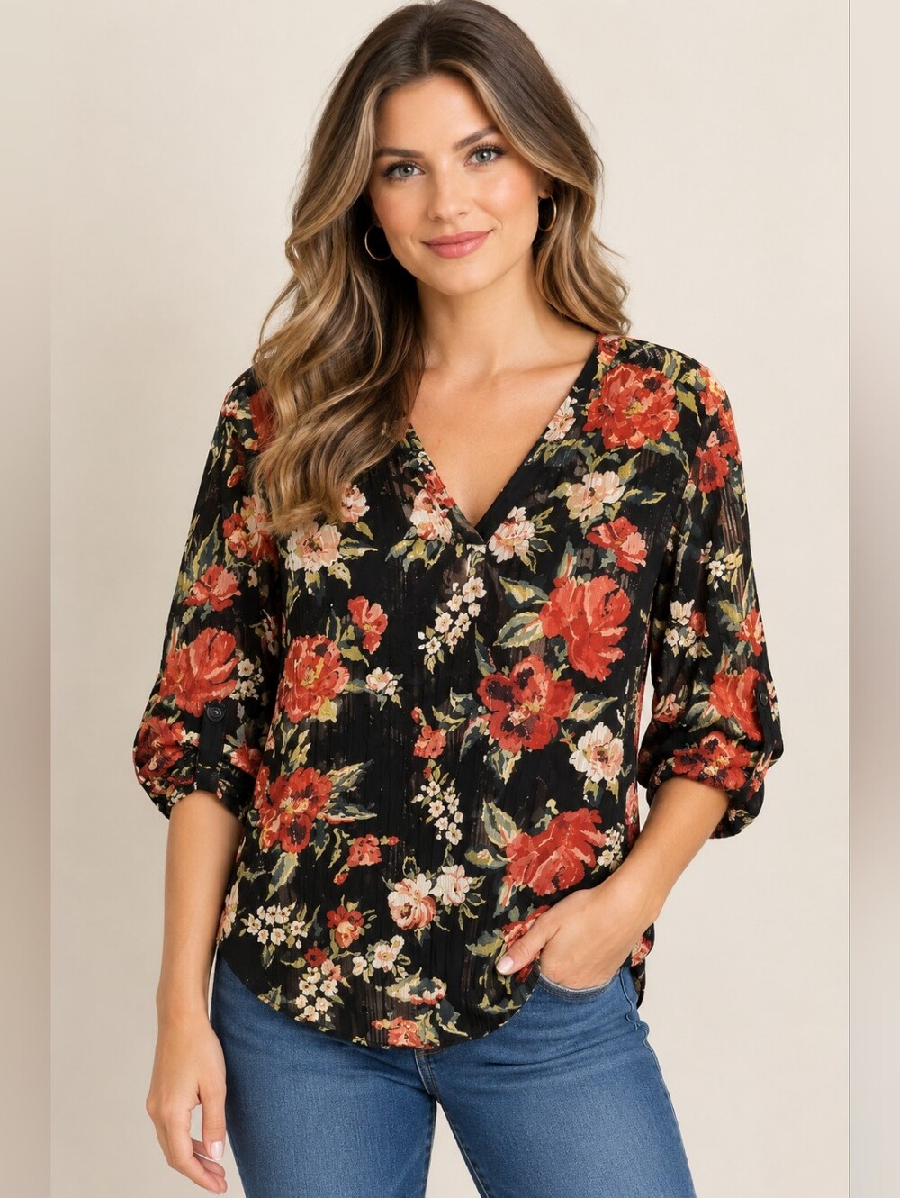 🍉Maurices Black Floral V-Neck Blouse with Rust and Cream Blooms